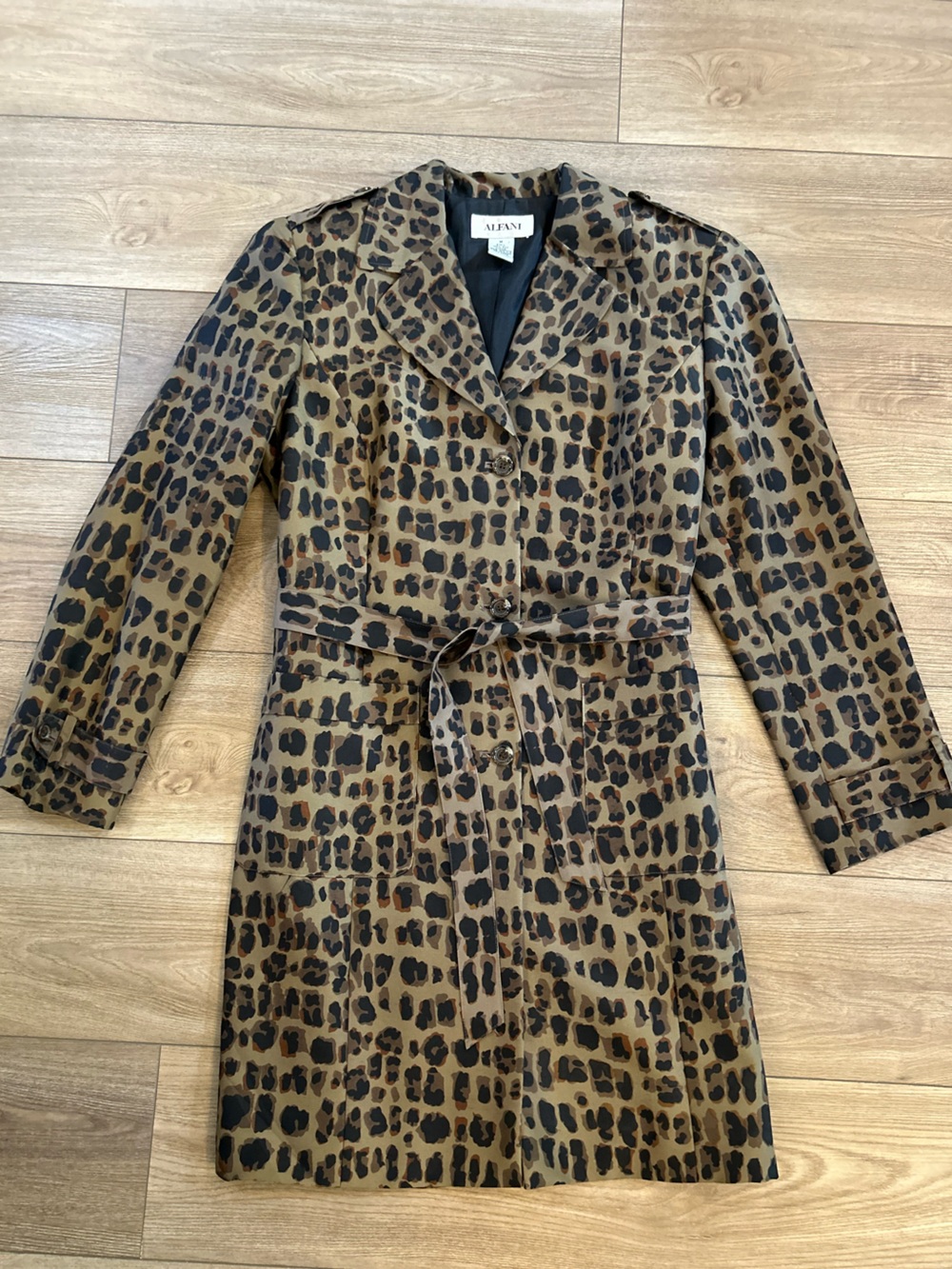 Alfani 100% Silk Leopard Print Belted Trench Coat Womens M Y2K Duster